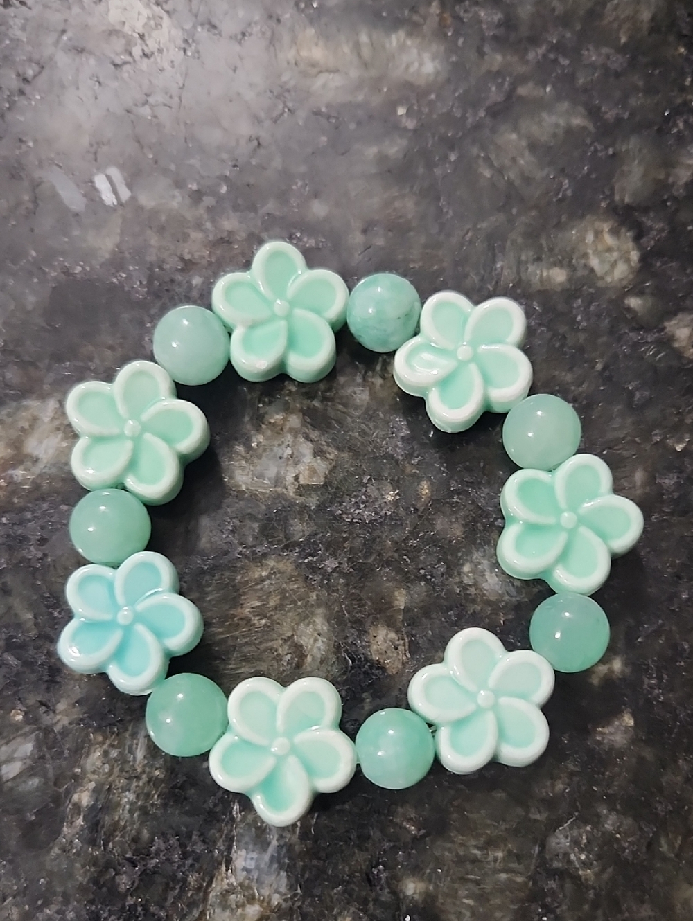 Handmade Ceramic Mint Floral And Burma Jade Beaded Bracelet